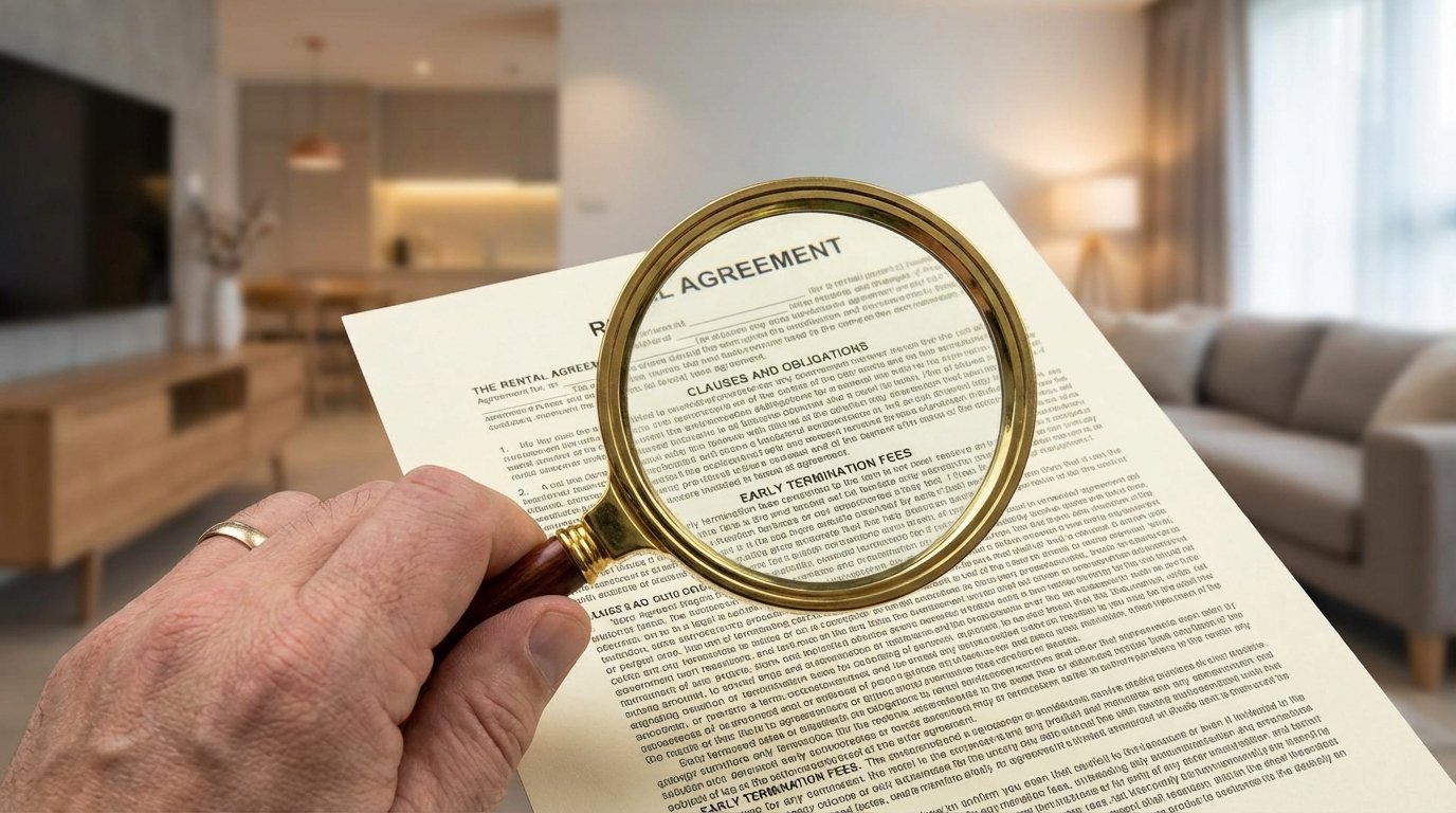 Lupa sobre contrato de alquiler revisando cláusulas nulas y abusivas ilegales.