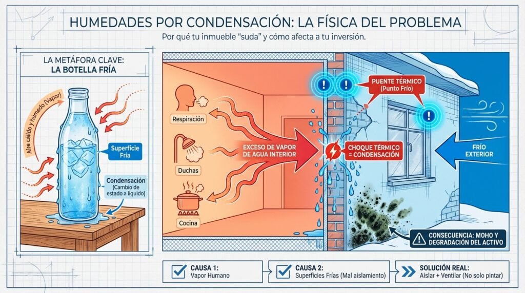 Infografía técnica que explica cómo se producen las humedades por condensación en una vivienda por choque térmico en paredes frías.