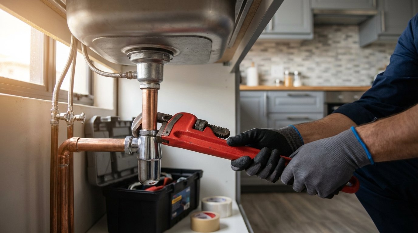 ontanero reparando una tubería bajo el fregadero, ilustrando el conflicto sobre reparaciones en el alquiler y quién paga las obras de conservación.